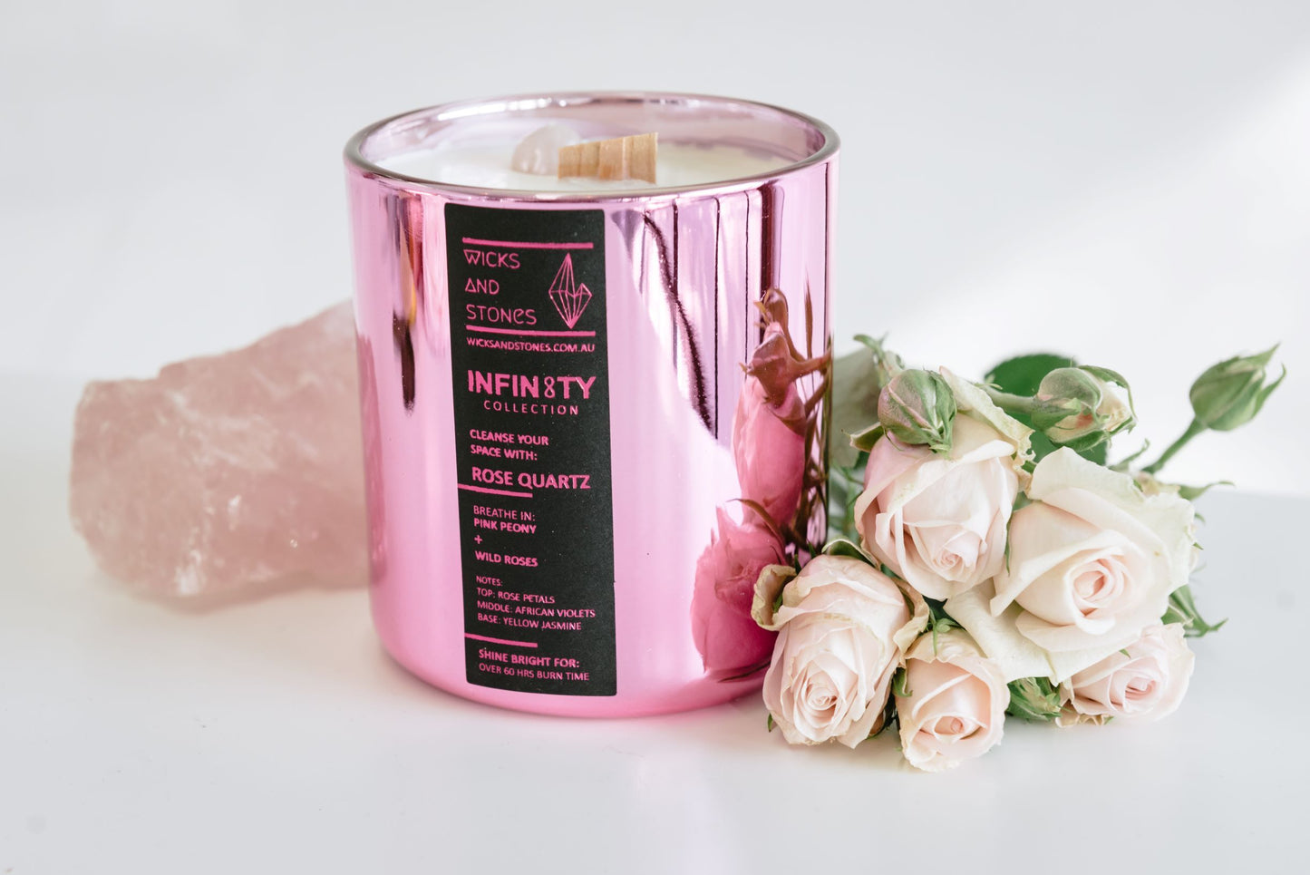 Pink Peony & Wild Roses Candle with ROSE QUARTZ