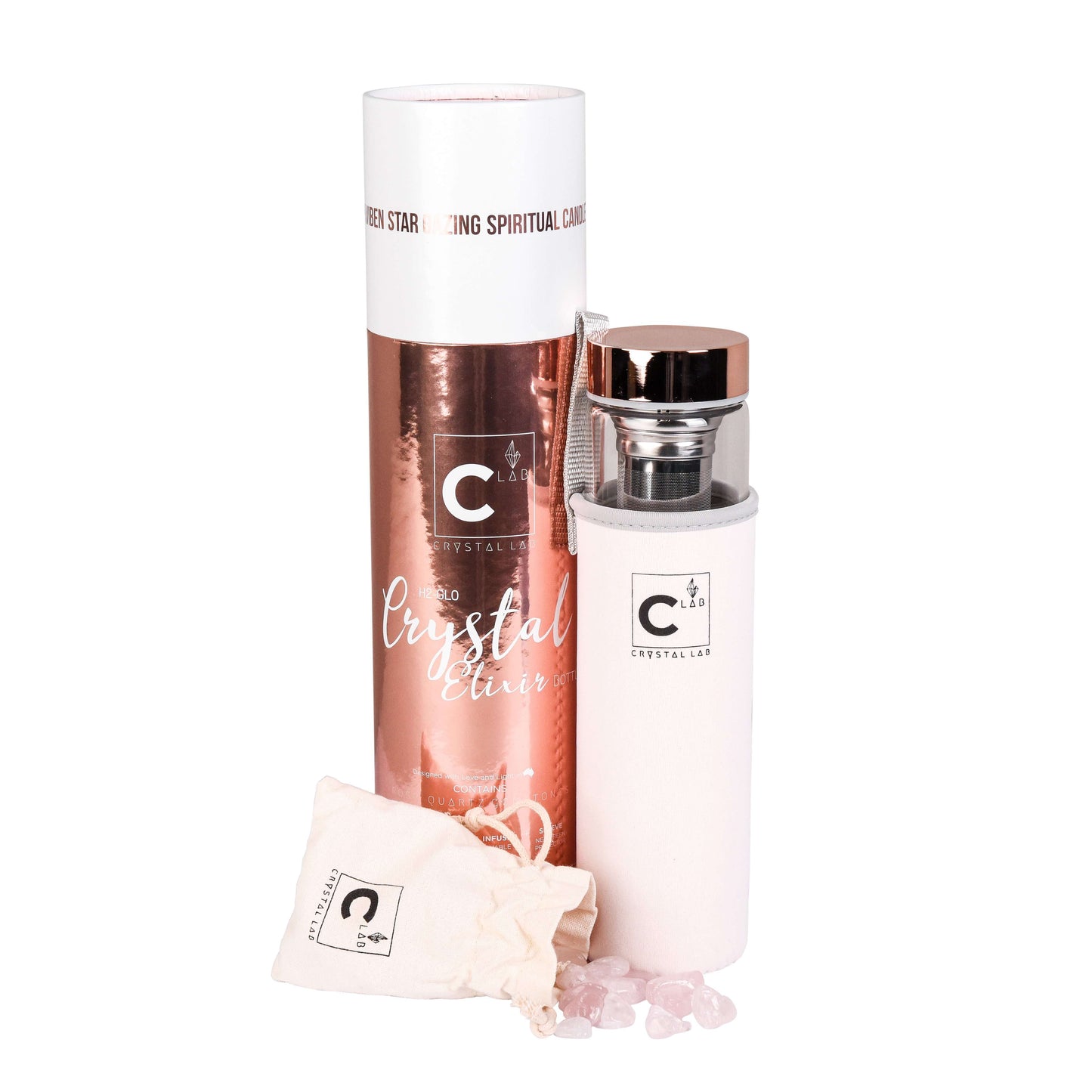 H2-GLO Crystal Drink Bottle in Rose Gold with ROSE QUARTZ
