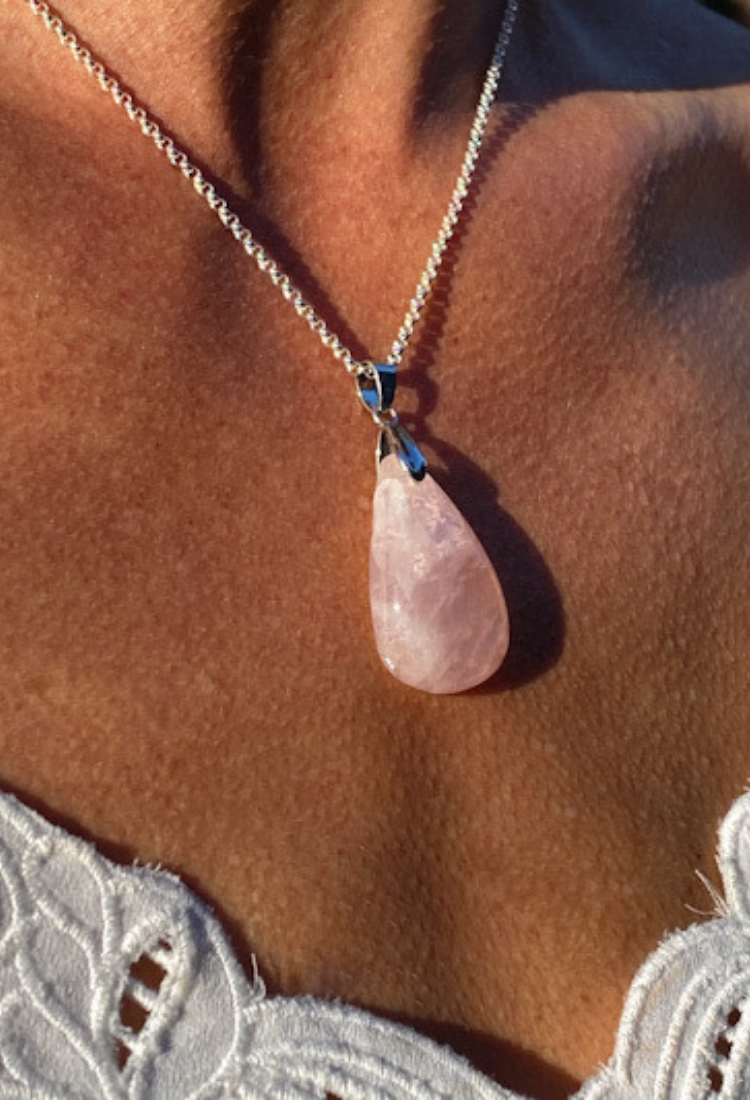 Rose Quartz Crystal Teardrop Necklace