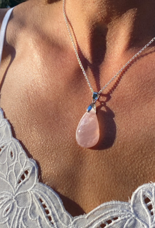 Rose Quartz Crystal Teardrop Necklace
