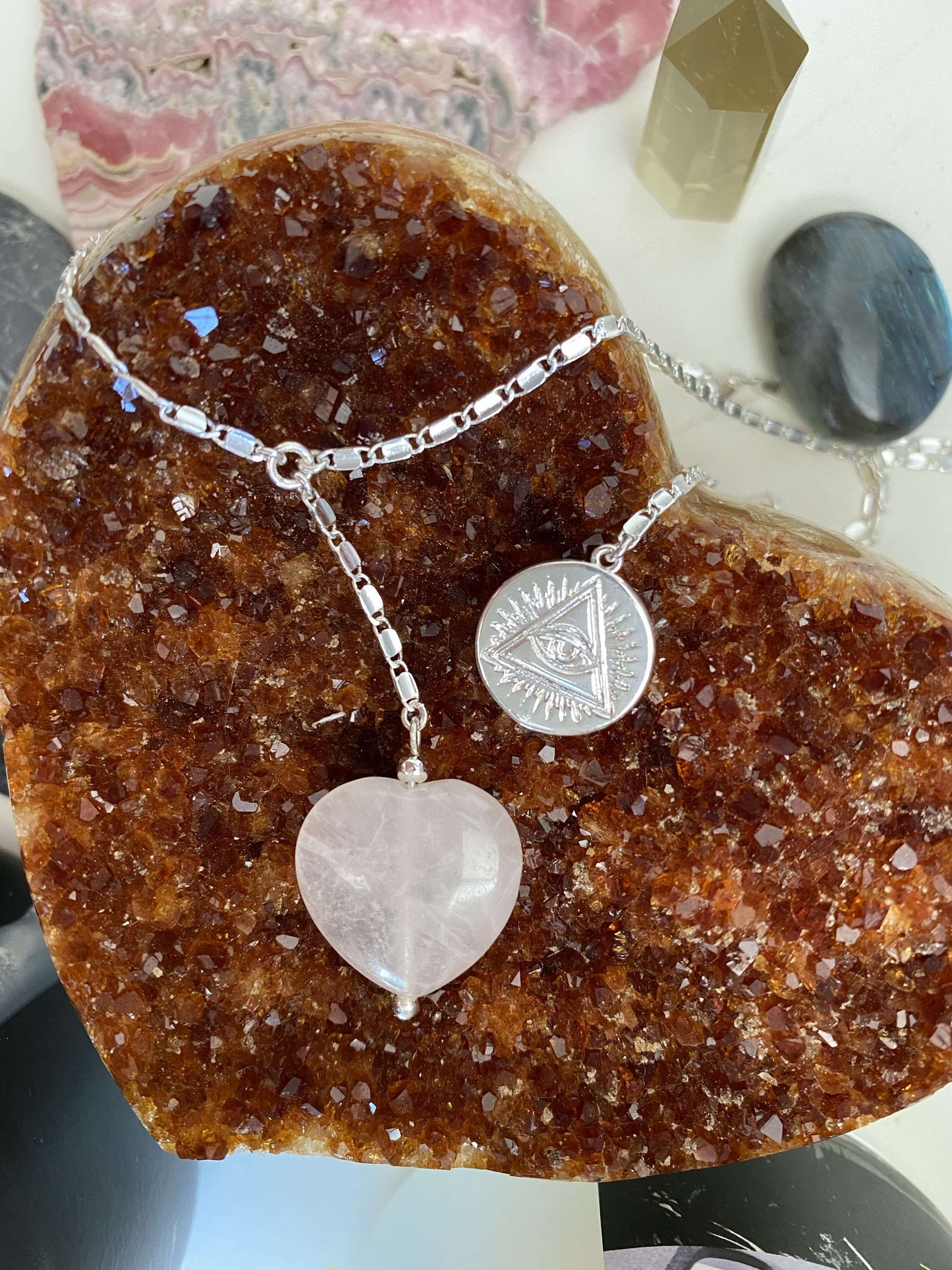 Rose Quartz Crystal Heart Necklace
